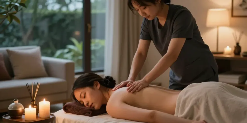 Namyangju 출장마사지 session in a calm home environment with soothing lighting and relaxing decor.