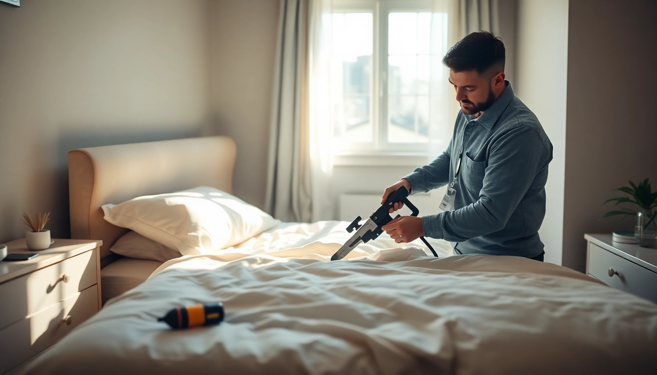 Implementing bed bug control measures by a professional in a well-lit bedroom setting.