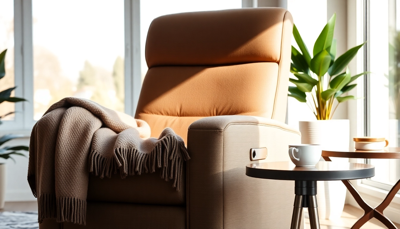 Relaxing in a tall man lift recliner chair with a cozy blanket in a bright living room.
