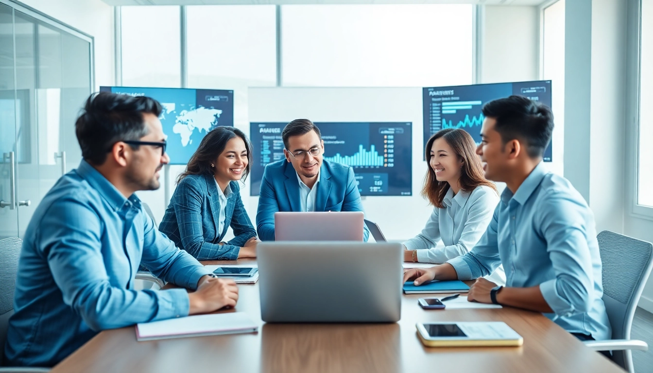 Visualize enterprise search AI collaboration among a diverse team in a modern office setting.