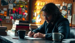 Action thriller author immersed in creativity at a captivating writing desk.