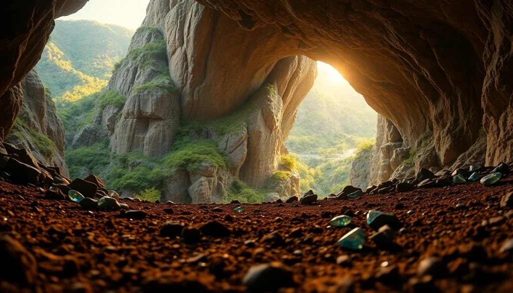 Explore the treasures hidden within King Solomon's Mine, featuring a captivating cave entrance and sparkling gems.