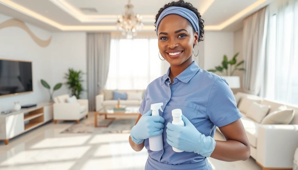 Housemaid Dubai maintaining a pristine home environment with a friendly smile in a bright setting.