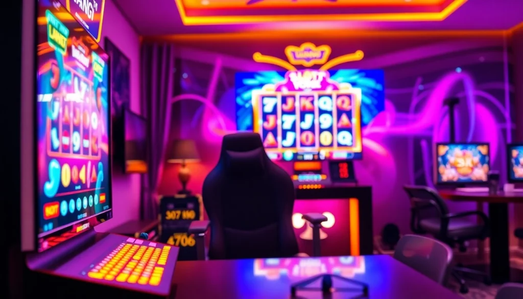 Menampilkan pengalaman bermain slot togel di ruang gaming yang nyaman dan berwarna-warni