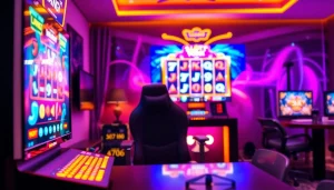 Menampilkan pengalaman bermain slot togel di ruang gaming yang nyaman dan berwarna-warni