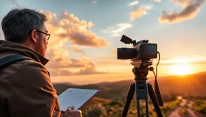 Capturing location scouting with a professional scout evaluating a scenic landscape.