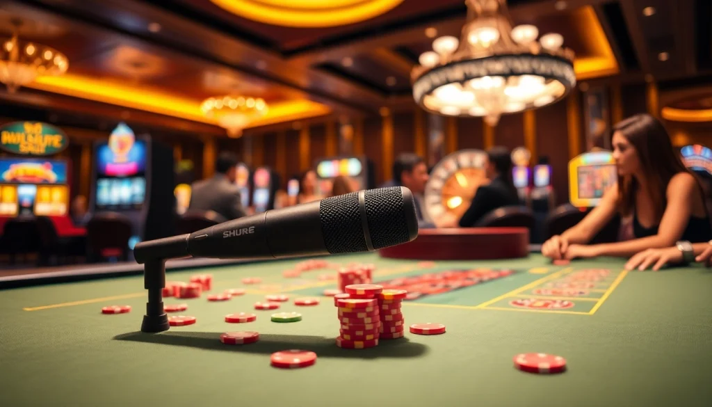 A thrilling casino scene with players at a poker table and the MV 88 microphone capturing the excitement.