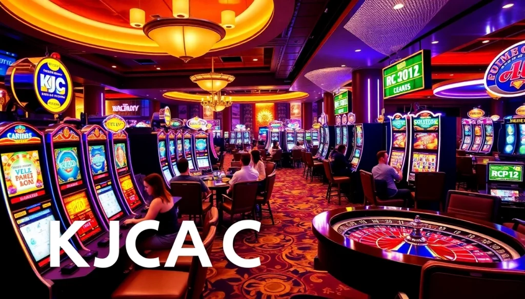 The bustling gaming floor at KJC AC 2 casino with lively slot machines and poker players.
