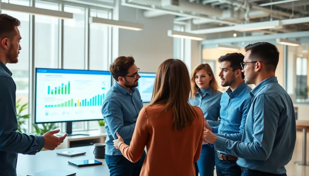 SEO agency team strategizing in a dynamic office environment, showcasing collaborative efforts.