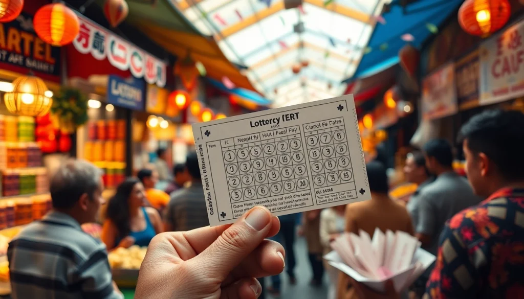 Membeli toto togel resmi di pasar yang ramai dengan berbagai tiket dan suasana meriah.