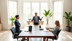 Real Estate agent showcasing properties in a bright office, emphasizing professionalism.