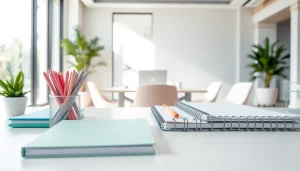 Shop high-quality stationery supplies UK for a functional workspace, showcasing organized desk setup.