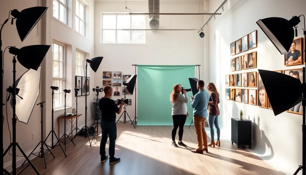 Photo studio near me showcasing a vibrant Tampa setting with natural light, professional equipment, and an engaging photographer.