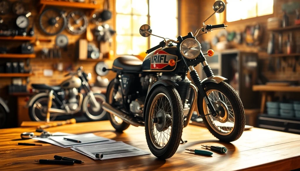 Motorrad bewerten kostenlos in detail with documents and tools on a wooden table.