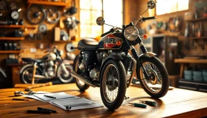 Motorrad bewerten kostenlos in detail with documents and tools on a wooden table.