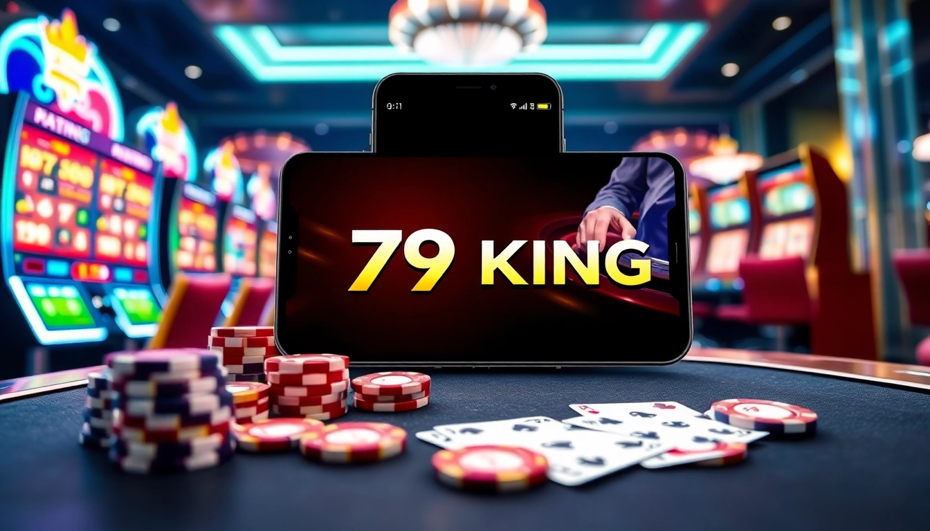 The 79king app displayed on mobile devices amidst an exciting casino atmosphere with poker chips and slot machines.