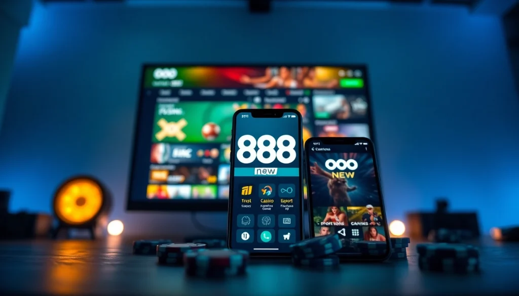Interactive gaming platform featuring 888 new betting options and app.