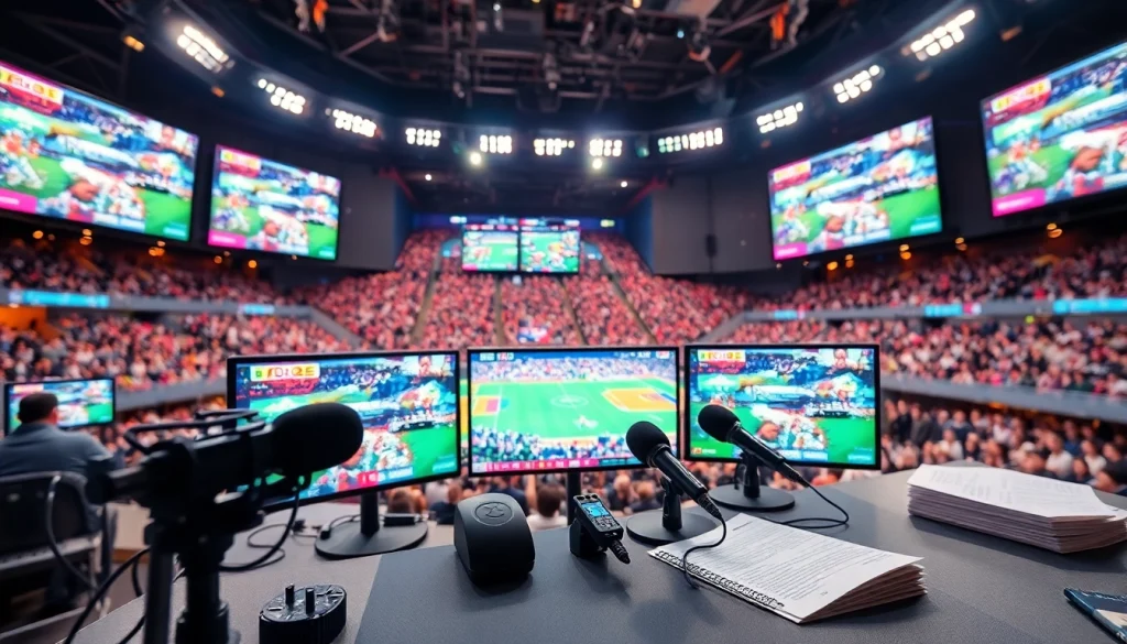 스포츠중계 전문가들이 현장 방송을 진행하는 모습