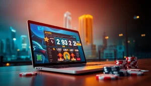 Aktifkan bandar togel online yang menarik melalui tablet dengan latar belakang kota yang stylish.