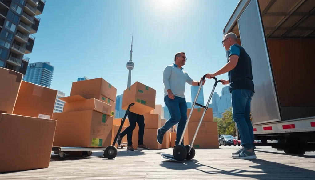 Toronto moving company loading a truck with packed boxes in an urban setting.
