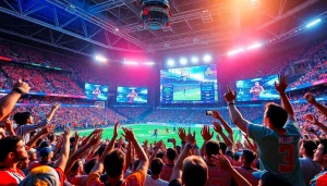 스포츠중계의 생생한 순간을 표현하는 역동적인 장면과 팬들의 열정적인 응원