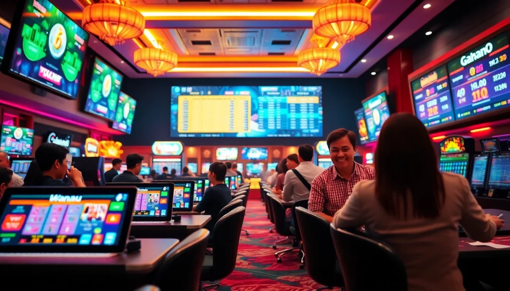 Menampilkan suasana menggembirakan bandar toto macau dengan pemain aktif dan layar digital.