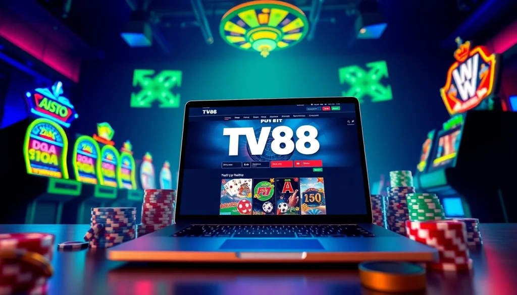 Experience quality gaming at https://whycazino.com with a vibrant online gaming setup featuring TV88 website, slot machines, and poker elements.