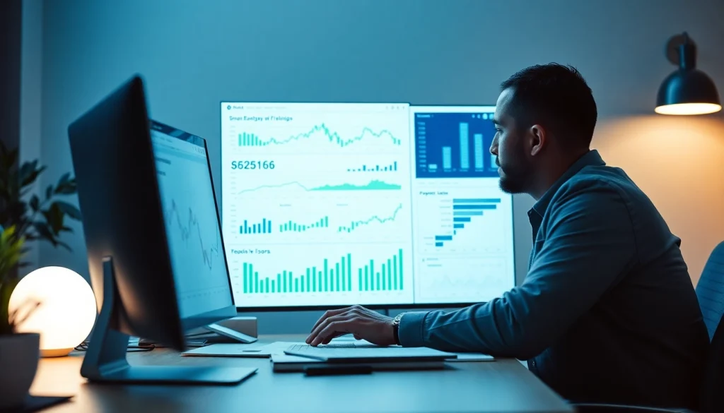 Inversor analizando oportunidades inmobiliarias con gráficos y datos en su computadora.