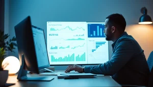 Inversor analizando oportunidades inmobiliarias con gráficos y datos en su computadora.