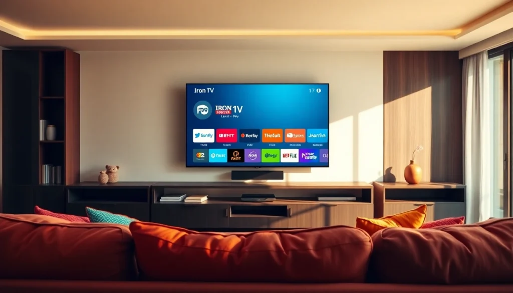 Enjoy a vibrant living room with the Iron TV Pro prominently displayed on a modern screen.
