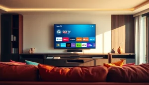 Enjoy a vibrant living room with the Iron TV Pro prominently displayed on a modern screen.