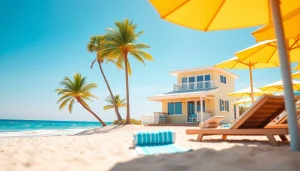 Relaxing coastal cabana on the beach, surrounded by palm trees, towels, and umbrellas.