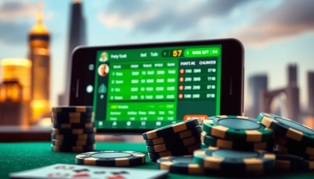 Taruhan bandar togel online di smartphone dengan suasana kota yang semarak.