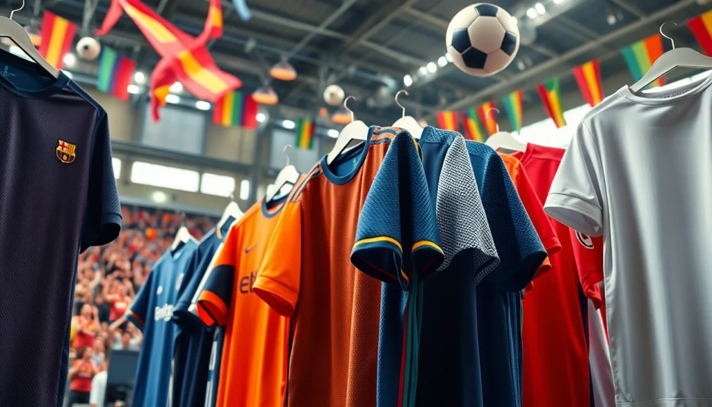 Showcase of team football kits highlighting vibrant designs in a lively sports setting.
