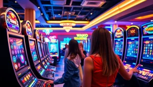 Menggambarkan bandar togel resmi slot dengan pemain yang bersemangat dan mesin slot yang cerah.