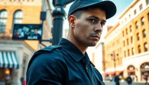 Security Services Fredericksburg with a professional guard monitoring surveillance in an urban setting.