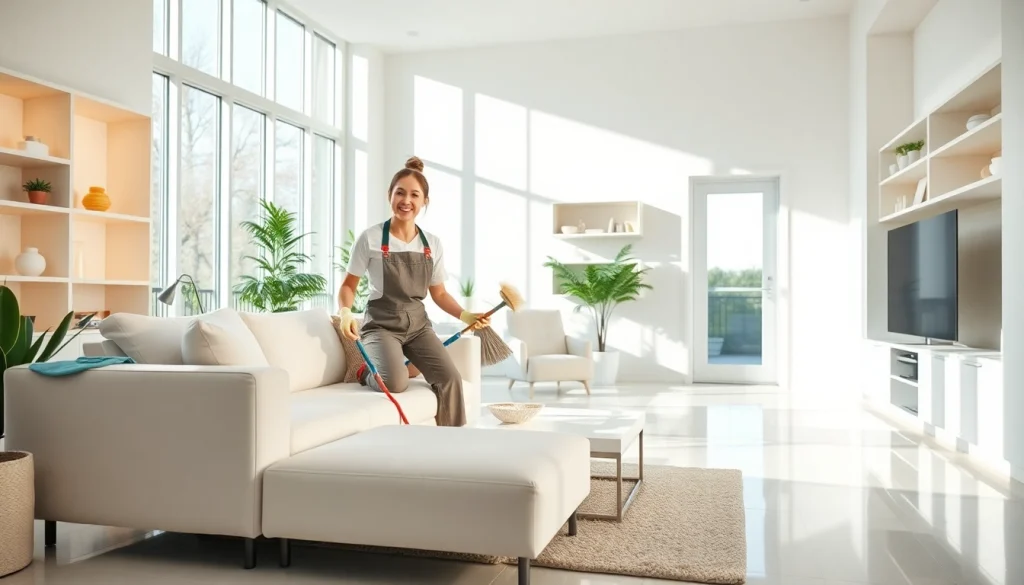 Cleaning Service depicted with a professional cleaner in a bright home setting.