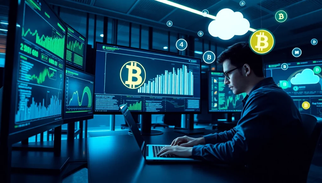 Visual representation of bitcoin cloud mining with modern tech workspace and digital elements.