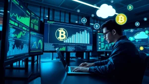 Visual representation of bitcoin cloud mining with modern tech workspace and digital elements.