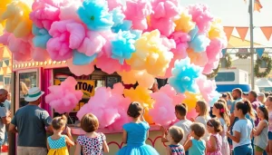 Geniet van kleurrijke wafel katoen bij een levendige kramen op het fair.