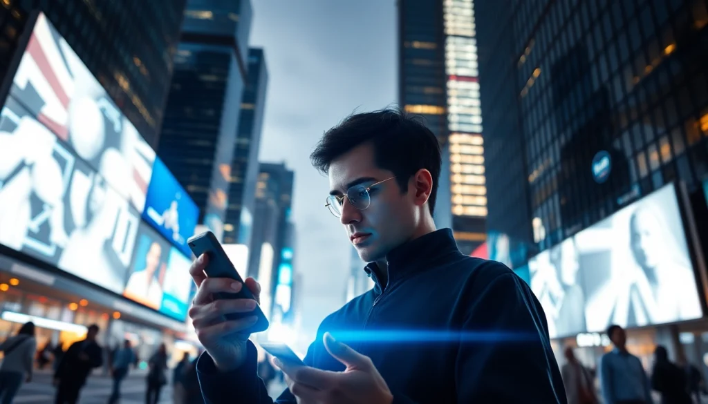 Explore technology's influence with https://mohamedmmblog.tech, showcasing a modern user in a vibrant urban setting.