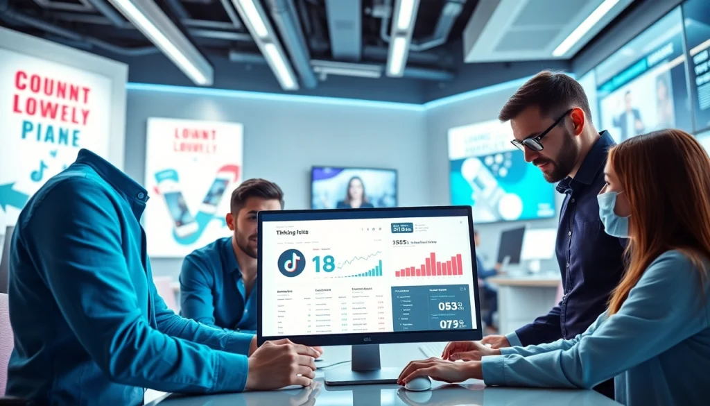 Analyze TikTok smm panel metrics with a digital marketing team in a modern workspace.