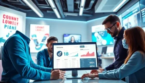 Analyze TikTok smm panel metrics with a digital marketing team in a modern workspace.