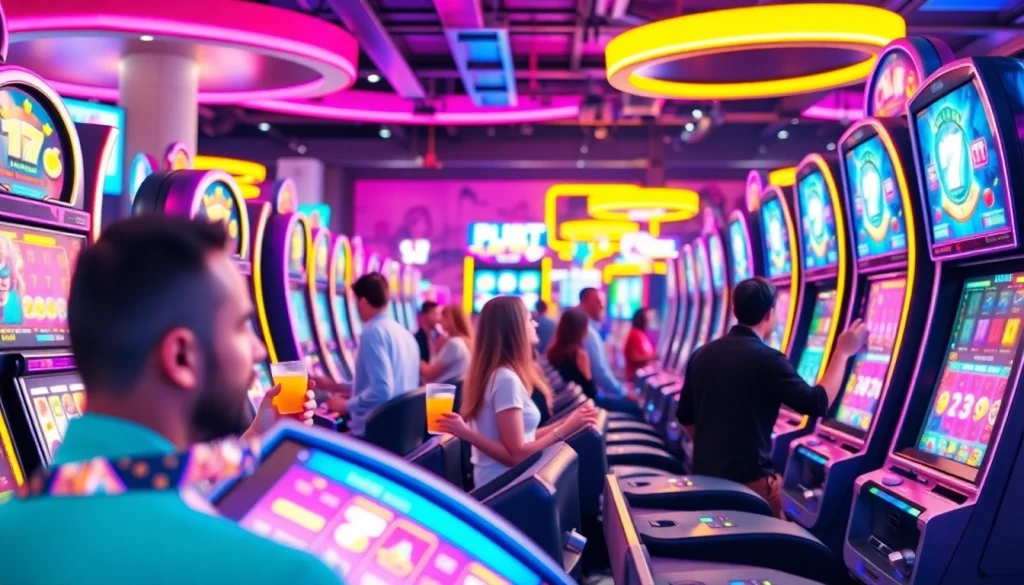 Mengunjungi situs slot gacor dengan pemain meriah dan mesin slot berwarna-warni.