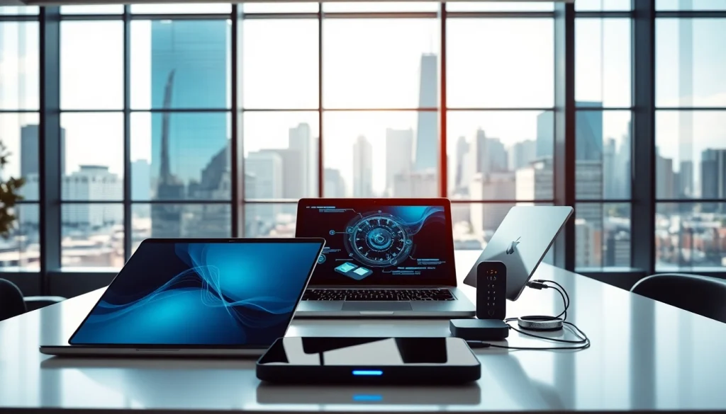 Illustrating Technology in a modern office with advanced devices and a city skyline.