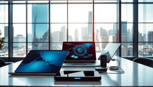 Illustrating Technology in a modern office with advanced devices and a city skyline.