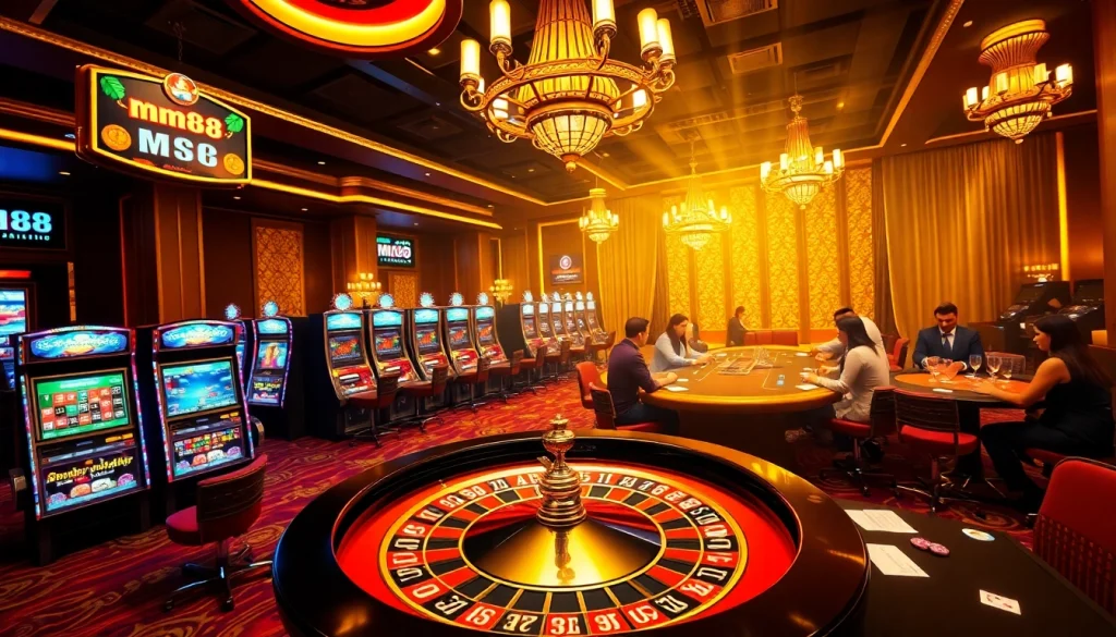 Explore an exciting casino scene with mm88 branding featuring players at tables, vibrant slot machines, and roulette wheels.