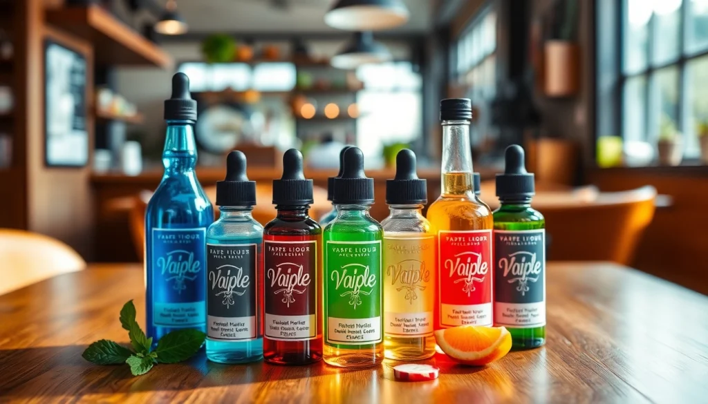 Liquid bottles in an artistic display on a wooden table, showcasing vibrant colors and unique flavors.