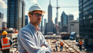 New York Construction Manager overseeing busy construction site in Manhattan.