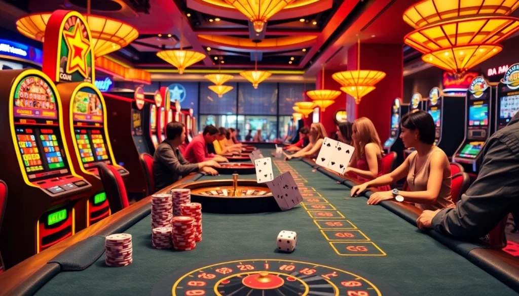Exciting KJC AC 2 casino scene featuring thrilling games like poker, roulette, and vibrant slot machines.